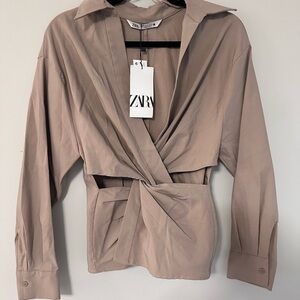 Zara Tan Blazer Wrap Style with Tie Waist